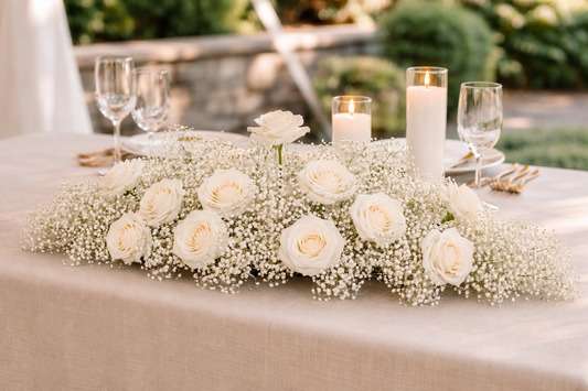 Ivory Elegance Faux Silk Rose & Baby’s Breath Centerpiece Rental – Romantic Wedding Table Arrangement