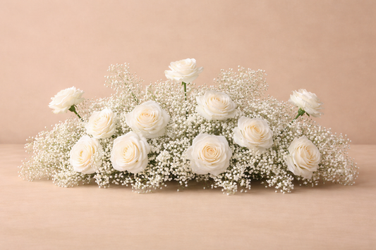 Ivory Elegance Faux Silk Rose & Baby’s Breath Centerpiece Rental – Romantic Wedding Table Arrangement